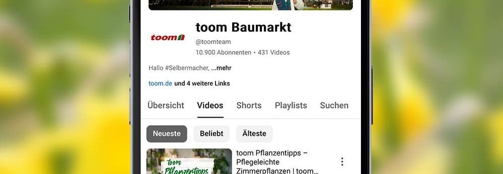 Screenshot des YouTube-Kanals vom toom Baumarkt.